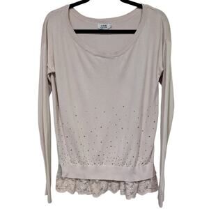 Molly Bracken Size TU S/M Pink With Rose Gold Embellished Lace Trim Sweater